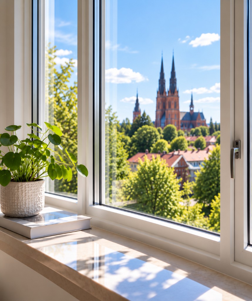 Utsikt mot Uppsala domkyrka genom nyputsade fönster